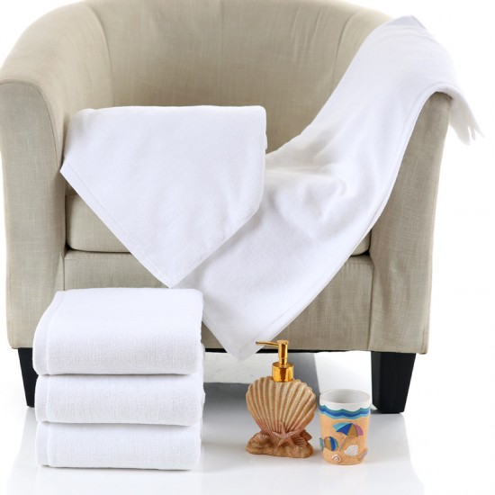 21-count, 400g white bath towels, bathhouse cotton towels, hotel linens, beauty salon logos.