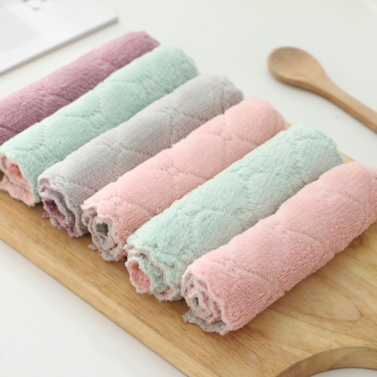 Family-size double-sided, two-color dishwashing towels, oil-free kitchen towels, thickened coral fleece small towels.