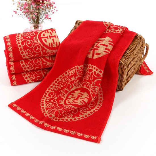 Manufacturer direct sale of pure cotton wedding red towels, wedding gifts, red absorbent couple towels with the character "happiness"
