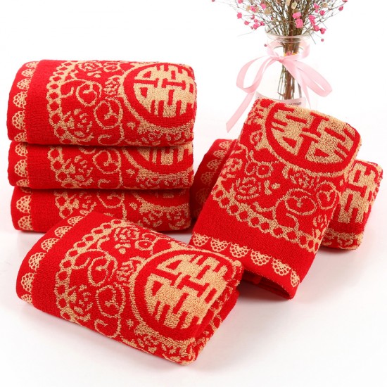 Manufacturer direct sale of pure cotton wedding red towels, wedding gifts, red absorbent couple towels with the character "happiness"