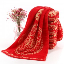Manufacturer direct sale of pure cotton wedding red towels, wedding gifts, red absorbent couple towels with the character "happiness"