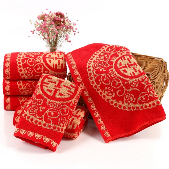 Manufacturer direct sale of pure cotton wedding red towels, wedding gifts, red absorbent couple towels with the character "happiness"