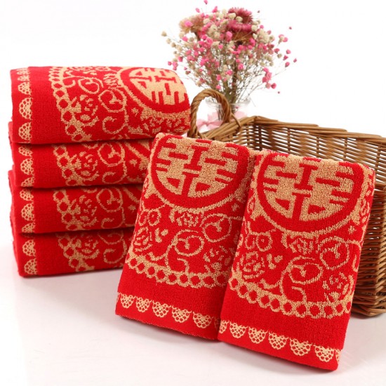 Manufacturer direct sale of pure cotton wedding red towels, wedding gifts, red absorbent couple towels with the character "happiness"