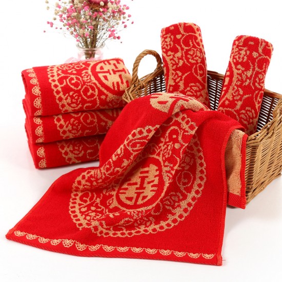 Manufacturer direct sale of pure cotton wedding red towels, wedding gifts, red absorbent couple towels with the character "happiness"